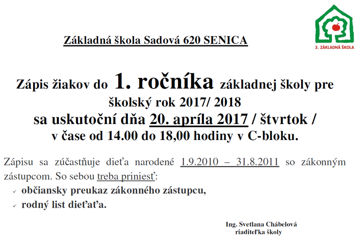 Zápis žiakov do 1. ročníka pre školský rok 2017/2018